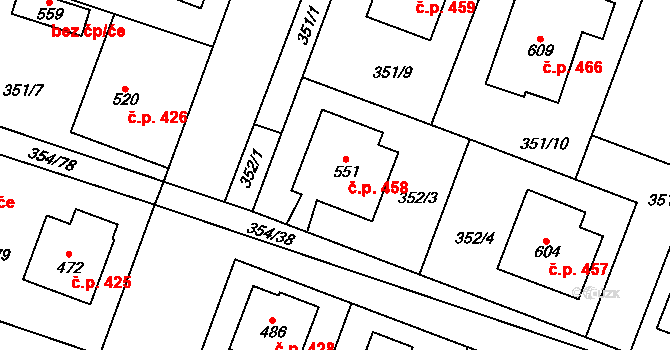 Rožďalovice 458 na parcele st. 551 v KÚ Rožďalovice, Katastrální mapa