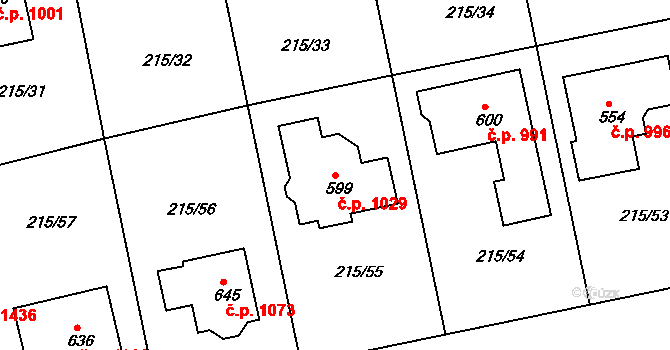 Rudná 1029 na parcele st. 599 v KÚ Hořelice, Katastrální mapa