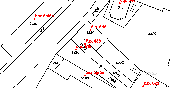 Kyjov 838 na parcele st. 133/3 v KÚ Kyjov, Katastrální mapa