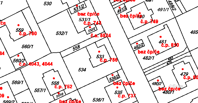 Klíše 756, Ústí nad Labem na parcele st. 533 v KÚ Klíše, Katastrální mapa