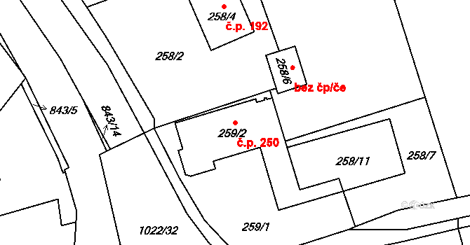 Chlebovice 250, Frýdek-Místek na parcele st. 259/2 v KÚ Chlebovice, Katastrální mapa