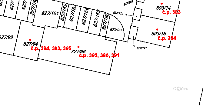 Bohnice 390,391,392, Praha na parcele st. 827/96 v KÚ Bohnice, Katastrální mapa