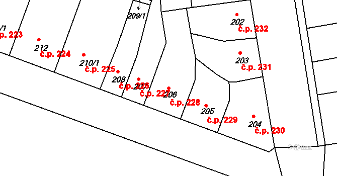 Příbram II 228, Příbram na parcele st. 206 v KÚ Příbram, Katastrální mapa