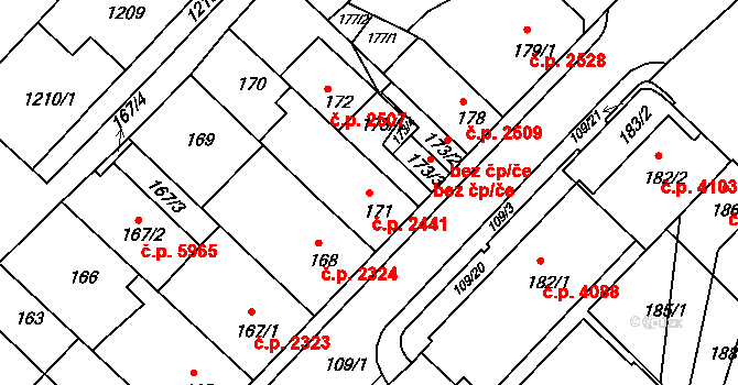 Chomutov 2441 na parcele st. 171 v KÚ Chomutov II, Katastrální mapa