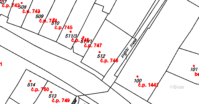 Ivančice 748 na parcele st. 512 v KÚ Ivančice, Katastrální mapa