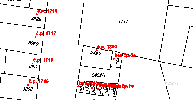 Prostějov 1893 na parcele st. 3433 v KÚ Prostějov, Katastrální mapa