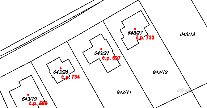 Lipence 597, Praha na parcele st. 643/21 v KÚ Lipence, Katastrální mapa