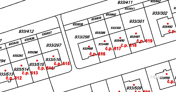 Satalice 616, Praha na parcele st. 933/488 v KÚ Satalice, Katastrální mapa