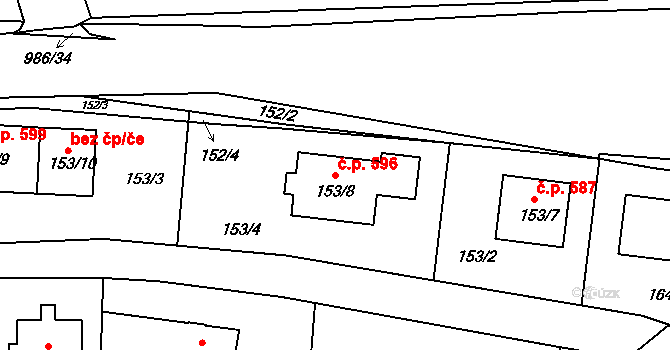 Štípa 596, Zlín na parcele st. 153/8 v KÚ Štípa, Katastrální mapa