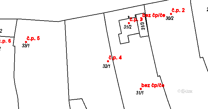 Slavětice 4 na parcele st. 32/1 v KÚ Slavětice, Katastrální mapa