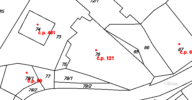 Týnec nad Labem 121 na parcele st. 76 v KÚ Týnec nad Labem, Katastrální mapa
