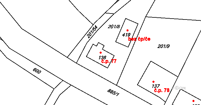 Mokrá Lhota 77, Bystřice na parcele st. 136 v KÚ Líšno, Katastrální mapa
