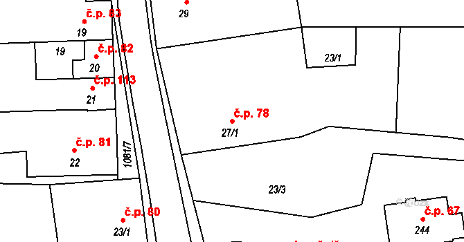 Prčice 78, Sedlec-Prčice na parcele st. 27/1 v KÚ Prčice, Katastrální mapa