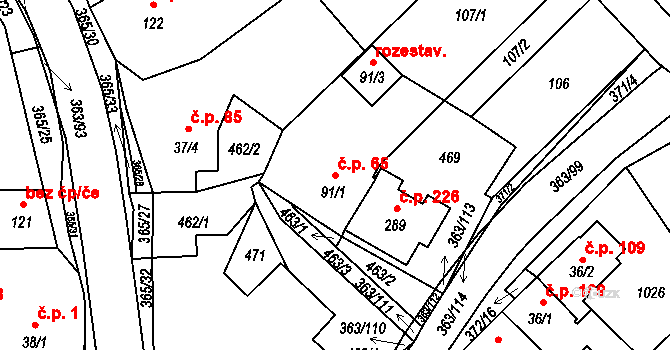 Mysločovice 65 na parcele st. 91/1 v KÚ Mysločovice, Katastrální mapa