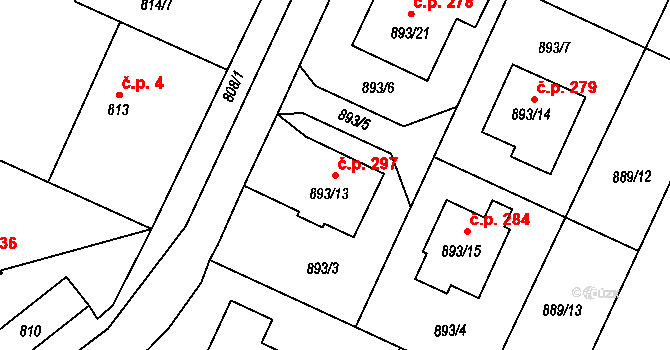 Chuchelná 297 na parcele st. 893/13 v KÚ Chuchelná, Katastrální mapa