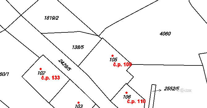 Klenčí pod Čerchovem 109 na parcele st. 105 v KÚ Klenčí pod Čerchovem, Katastrální mapa