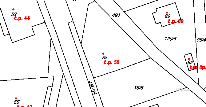 Čachrov 55 na parcele st. 75 v KÚ Čachrov, Katastrální mapa