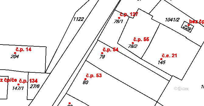 Podmokly 54 na parcele st. 79 v KÚ Podmokly nad Berounkou, Katastrální mapa