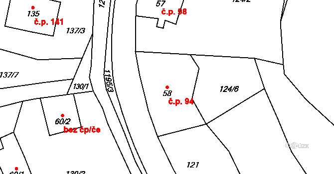Horní Radechová 94 na parcele st. 58 v KÚ Horní Radechová, Katastrální mapa