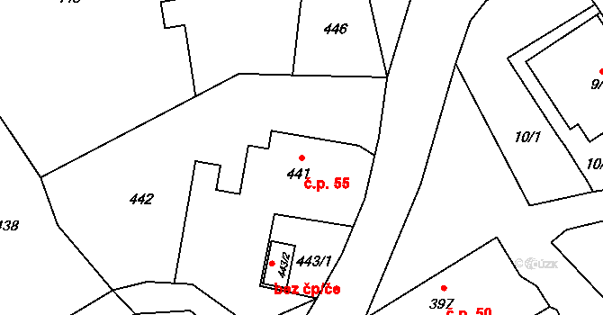 Děrné 55, Fulnek na parcele st. 441 v KÚ Děrné, Katastrální mapa