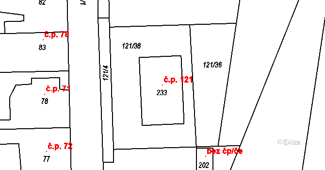 Bohumilice 121 na parcele st. 233 v KÚ Bohumilice v Čechách, Katastrální mapa
