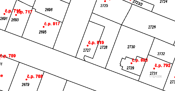 Čelákovice 819 na parcele st. 2727 v KÚ Čelákovice, Katastrální mapa