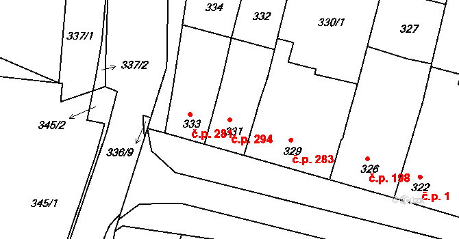 Ratíškovice 294 na parcele st. 331 v KÚ Ratíškovice, Katastrální mapa