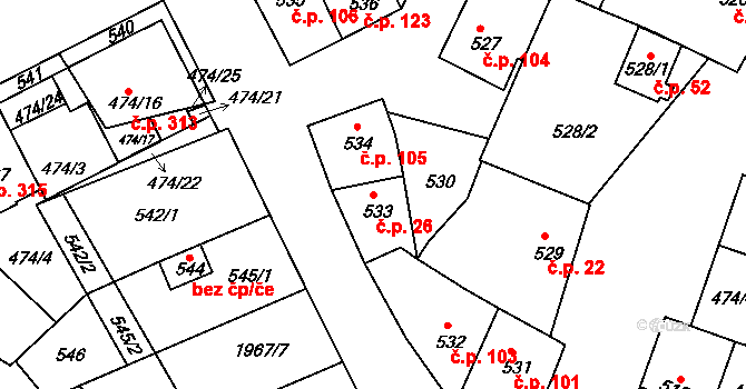 Milokošť 26, Veselí nad Moravou na parcele st. 533 v KÚ Milokošť, Katastrální mapa