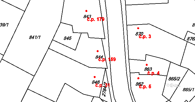 Dačice V 159, Dačice na parcele st. 844 v KÚ Dačice, Katastrální mapa