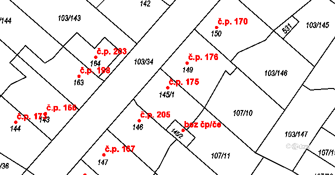 Malé Žernoseky 175 na parcele st. 145/1 v KÚ Malé Žernoseky, Katastrální mapa