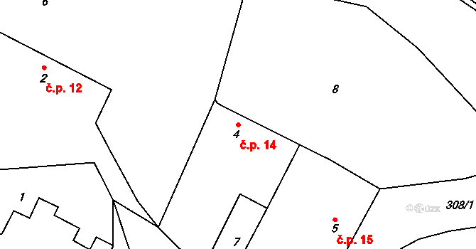 Tetín 14 na parcele st. 4 v KÚ Tetín, Katastrální mapa