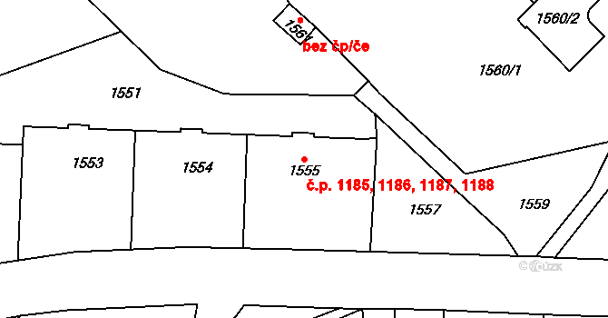 Střekov 1185,1186,1187,1188, Ústí nad Labem na parcele st. 1555 v KÚ Střekov, Katastrální mapa
