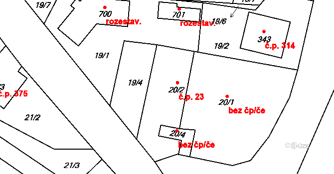 Sokoleč 23 na parcele st. 20/2 v KÚ Sokoleč, Katastrální mapa