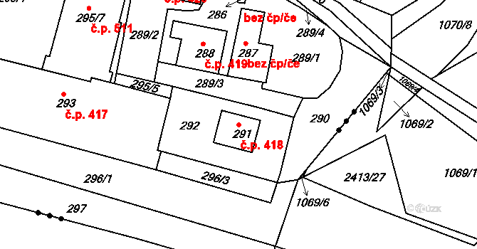 Novosedlice 418 na parcele st. 291 v KÚ Novosedlice, Katastrální mapa
