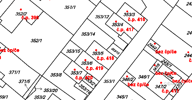 Sobědruhy 418, Teplice na parcele st. 353/5 v KÚ Sobědruhy, Katastrální mapa