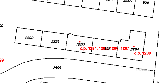 Sokolov 1284,1285,1286,1287 na parcele st. 2892 v KÚ Sokolov, Katastrální mapa