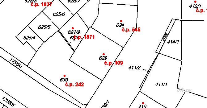 Kobylisy 109, Praha na parcele st. 629 v KÚ Kobylisy, Katastrální mapa