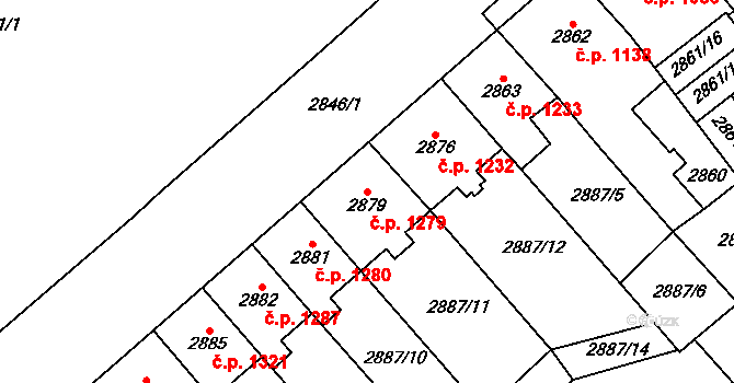 Chomutov 1279 na parcele st. 2879 v KÚ Chomutov I, Katastrální mapa
