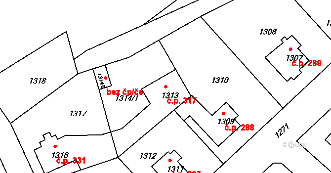 Liberec XI-Růžodol I 317, Liberec na parcele st. 1313 v KÚ Růžodol I, Katastrální mapa