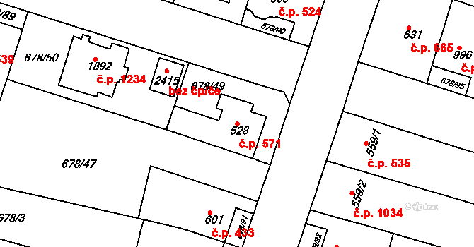 Rosice 571 na parcele st. 528 v KÚ Rosice u Brna, Katastrální mapa