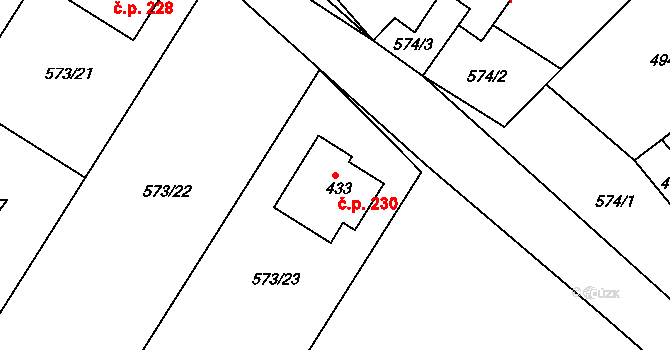 Škrdlovice 230 na parcele st. 433 v KÚ Škrdlovice, Katastrální mapa