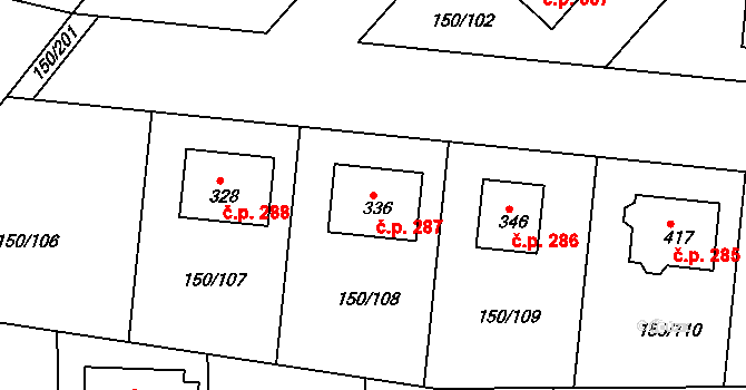 Mratín 287 na parcele st. 336 v KÚ Mratín, Katastrální mapa
