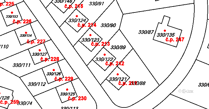 Hlušovice 212 na parcele st. 330/122 v KÚ Hlušovice, Katastrální mapa