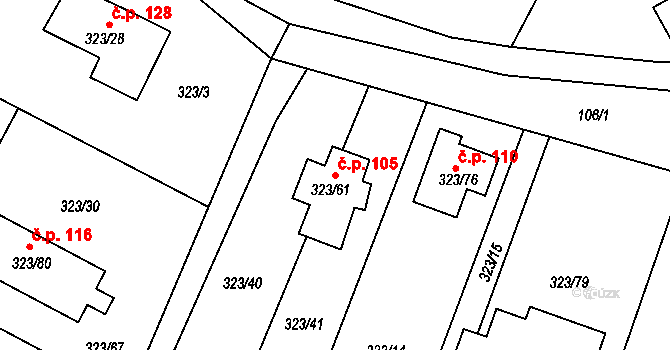 Hvozdec 105 na parcele st. 323/61 v KÚ Hvozdec u Veverské Bítýšky, Katastrální mapa