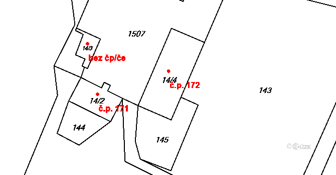 Tylov 172, Lomnice na parcele st. 14/4 v KÚ Tylov, Katastrální mapa