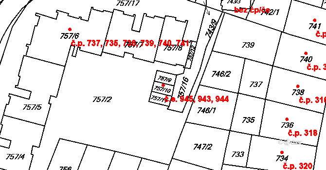 Štýřice 943,944,945, Brno na parcele st. 757/9 v KÚ Štýřice, Katastrální mapa