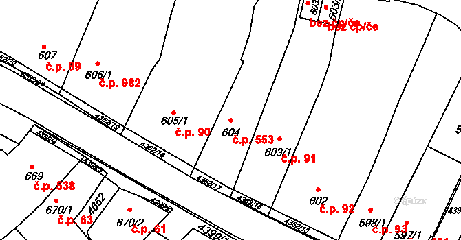 Valašské Klobouky 553 na parcele st. 604 v KÚ Valašské Klobouky, Katastrální mapa