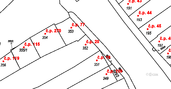 Těšov 20, Uherský Brod na parcele st. 352 v KÚ Těšov, Katastrální mapa