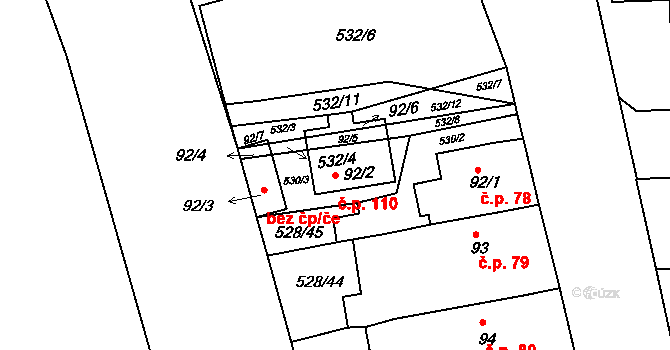 Hrušová 110 na parcele st. 92/2 v KÚ Hrušová, Katastrální mapa