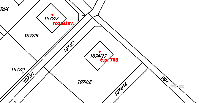 Fryčovice 763 na parcele st. 1074/17 v KÚ Fryčovice, Katastrální mapa